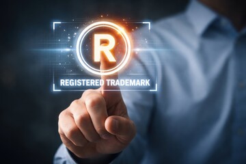 Fototapeta premium Man touching registered trademark symbol on screen with finger