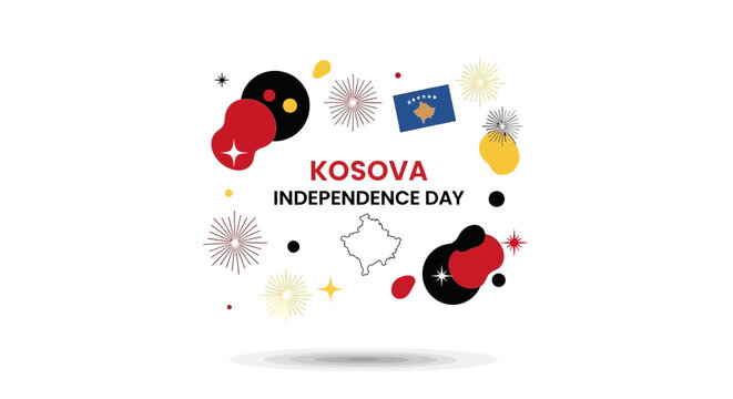 A graphic illustration celebrating Kosovo Independence Day with a flag, logo, and icon on a white background with colorful designs.