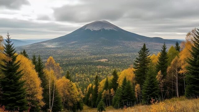 An expansive long shot captures a majestic, conical mountain peak rising dramatically into a cloudy, overcast sky. The lower slopes of the distant mountain are blanketed by a dense, untouched forest, 