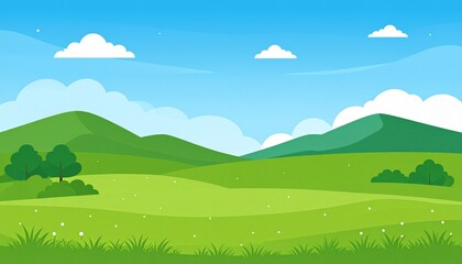 Vibrant green rolling hills under blue sky with fluffy clouds landscape scenery