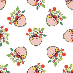 Seamless pattern with abstract salad bowls in a minimalistic continuous line style. Hand drawn food illustration with fresh vegetables, flying ingredients and bright color accents. Modern flat vector 