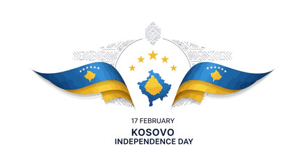 Vector illustration of Kosovo Independence Day with flag, logo, and text on a white background, symbolizing freedom and Republic of Kosovo.