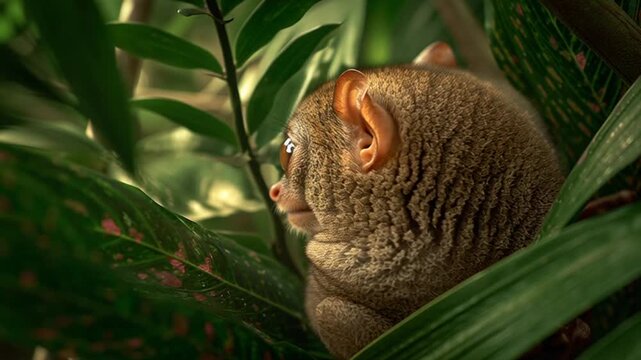 Adorable tarsier peeking through lush green tropical leaves in forest