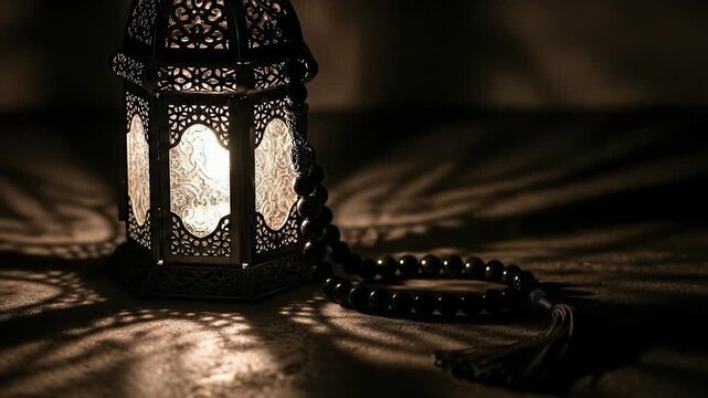 An intricately designed traditional lantern glows softly from within, casting beautiful, ornate shadow patterns across a dark, textured surface. A string of dark, polished beads rests gracefully along