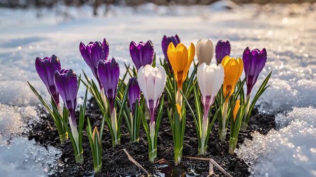 Vibrant crocus flowers blooming from melting snow in early spring sunlight for new beginnings concept and seasonal change