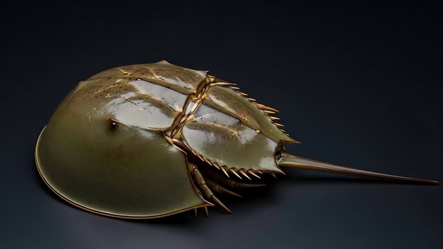 Close-up studio shot of a horseshoe crab on a dark background, showcasing its ancient morphology and unique shell.