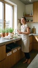 Woman Actively Sorting Waste into Recycling Bins in Modern Kitchen, Sustainable Lifestyle