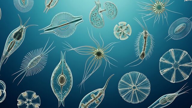 Diverse microscopic plankton and single-celled organisms floating in a blue aquatic environment, showcasing intricate biological forms.