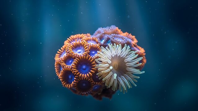 Close-up view of vibrant orange and blue zoanthid coral polyps alongside a delicate sea anemone in a sunlit underwater environment.