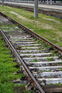 a railway track overgrown with green grass, flanked by a concrete platform on the left and a row of vertical support poles stretching into the distance.