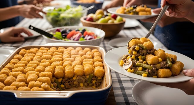 A plate of hotdish (Minnesota casserole) being served at a family potluck.