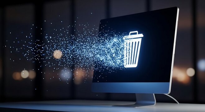 Digital Data Deletion Concept - Trash Icon Dissolving into Pixels on Computer Screen.