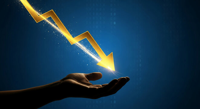 Golden arrow pointing down towards an open hand on a blue digital background, representing decline, loss, or negative trend in finance and economy