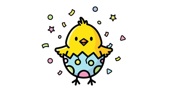 Cute easter chick hatching from a decorated egg, surrounded by confetti isolated on transparent background