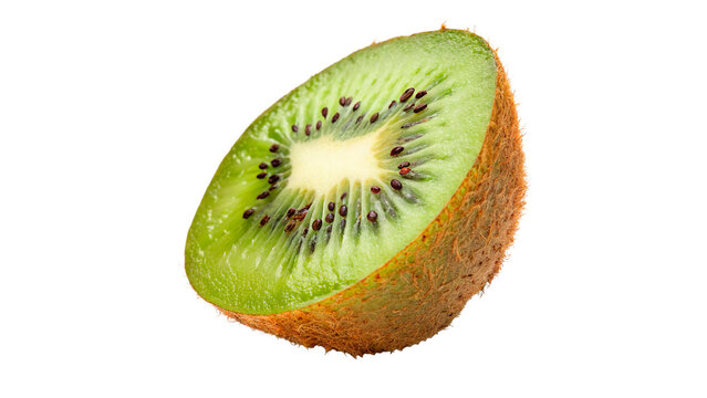 Fresh kiwi cut in half showing green flesh and tiny black seeds on a white background  on transparent background.