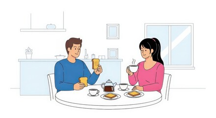 Morning Ritual: A tranquil scene of a couple enjoying breakfast, savoring the simple pleasures of morning, complete with toast and tea.
