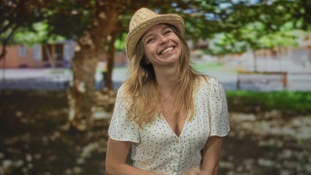 Woman finger to lips for silence in street park under tree wearing straw hat and polka dot blouse; playful secret.