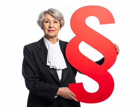 Richterin hält rotes Paragraphenzeichen in der Hand