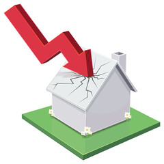 3D isometric house being crushed by a falling red arrow representing financial crisis, housing bubble burst, mortgage failure, and declining property market values (cut out)