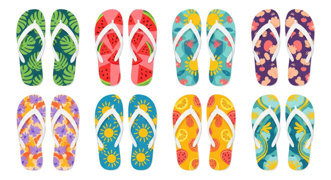 Vector illustration of multiple pairs of colorful summer flip flops arranged in a grid pattern with various vibrant designs and colors. Isolated on transparent background.