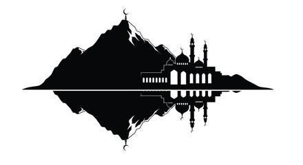 Obraz premium Mosque silhouette reflected in water with mountains in the background