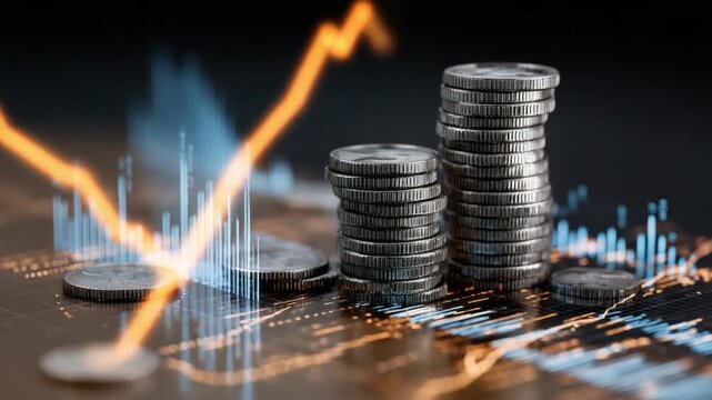 Financial Ascent:  A visual narrative of economic growth, with stacks of coins against a backdrop of dynamic financial data