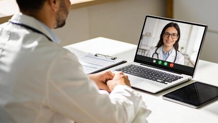 Obraz premium Male doctor in white coat on video call with young adult woman patient on laptop, telemedicine consultation for healthcare access, calm supportive mood