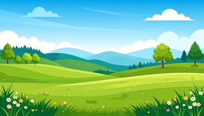 Obraz premium Scenic green meadow with wildflowers and trees under bright blue sky summer landscape