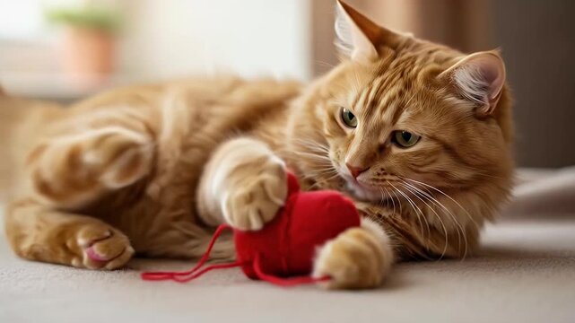 A beautiful, fluffy orange tabby cat is captured in a heartwarming close-up, playfully engaging with a vibrant red ball of yarn. The adorable feline lies comfortably on a soft surface, batting and gen