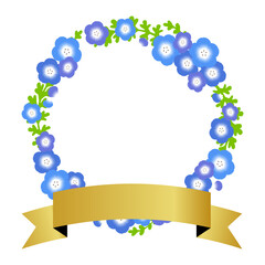 ネモフィラの花のリースとリボンのベクターイラストレーション。