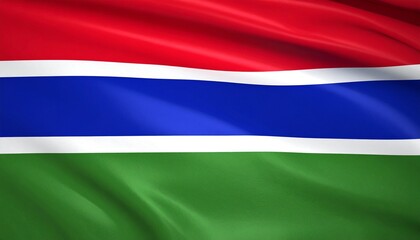 Obraz premium The Gambia national flag with red, blue, white, and green stripes waving against sunset and mountains.