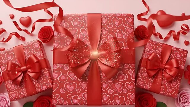 A charming top-down view of beautifully wrapped gift boxes set against a soft, light pink background. The three presents, predominantly red, feature delicate heart patterns on their wrapping paper and