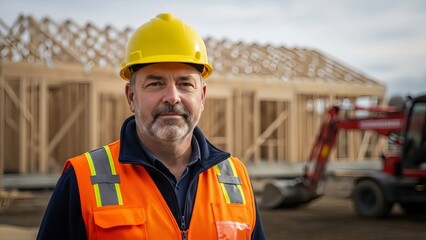 Construction worker in front of a building site