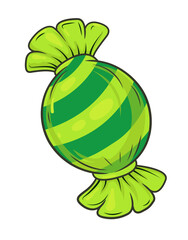 Green wrapped candy illustration in bright cartoon style, isolated on white background, sweet dessert concept for packaging, branding, and food design