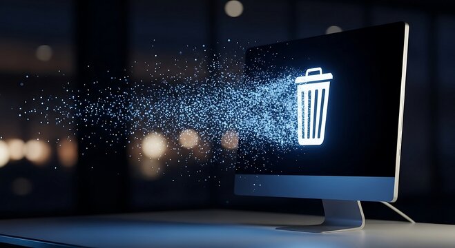 Digital Data Deletion Concept - Computer Screen Shows Trash Icon Dissolving into Pixels.