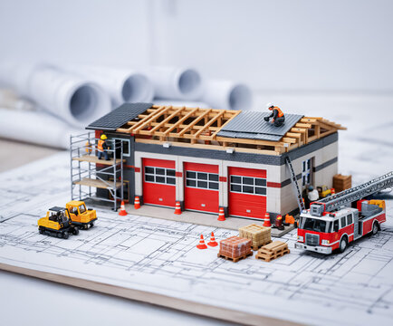 Miniature fire station building under construction on detailed floor plan blueprints, with scaffolding, workers, traffic cones and fire truck, representing infrastructure planning.