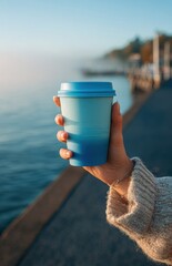 Fototapeta premium Female hand in sweater holding blue reusable coffee cup by the sea