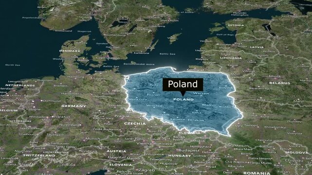 Animated satellite map poland with blue glowing border outline