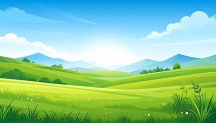 Obraz premium Vibrant green rice field landscape with blue sky and mountains summer nature scenery