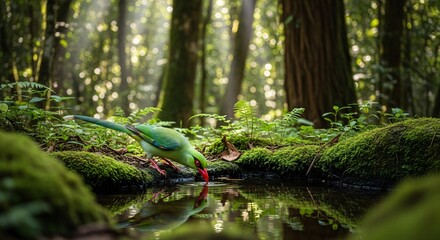 Green bird drinks water in forest with lush greenery and sunlight