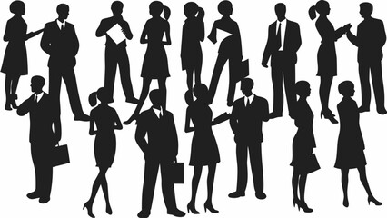 Fototapeta premium Diverse group of black office worker silhouettes in various business poses on white background