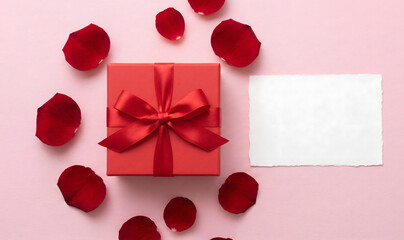 Red Valentine Gift Box with Ribbon and Rose Petals on Pink Background with Blank Card for Copy Space