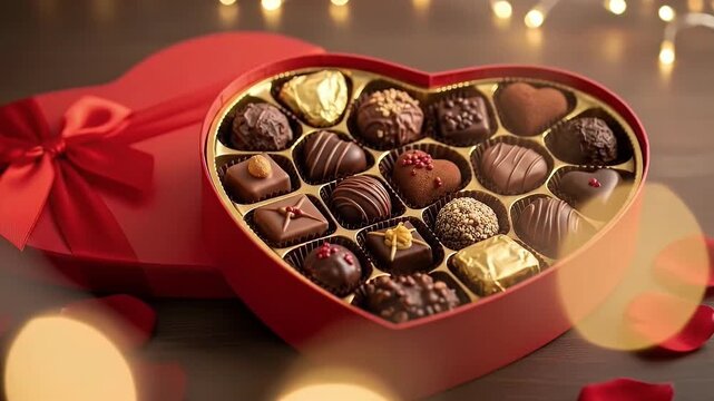 A luxurious heart-shaped box of assorted chocolates sits invitingly on a dark wooden surface. The vibrant red box, adorned with a satin ribbon, reveals an array of exquisite confections, including ric