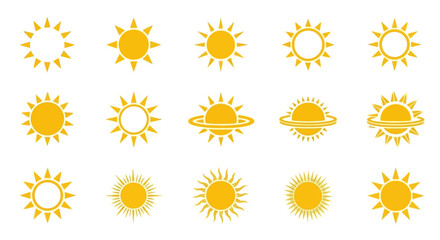 A collection of 15 stylized yellow sun icons with varying ray designs and some with planetary rings, presented on a white background. © Kael