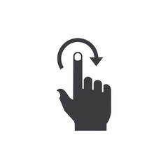Obraz premium A dark gray icon showing a human hand with the index finger pointing upwards and a curved arrow indicating a rotation or swipe gesture.