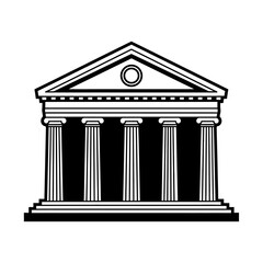 A black and white illustration of a classical building with columns and a triangular pediment.