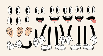 A collection of cartoon character body parts, including eyes, mouths, ears, arms, and legs, in a vintage animation style. © Kael