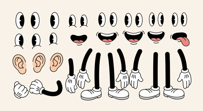 A collection of cartoon character body parts, including eyes, mouths, ears, arms, and legs, in a vintage animation style.
