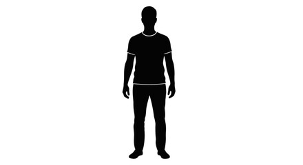 Full body black silhouette of a standing man wearing a t-shirt and pants against a plain white background. © Kael