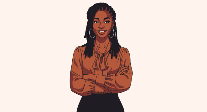 An illustration of a smiling Black woman with dreadlocks, wearing a brown blouse and dark skirt, standing with arms crossed.